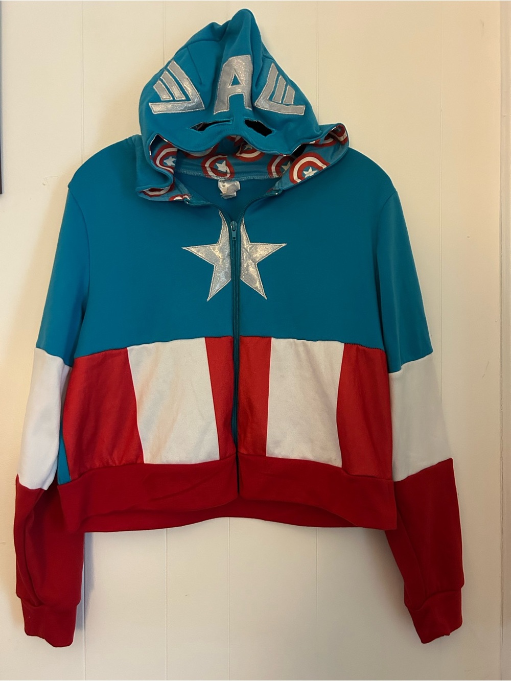 Marvel Captain America Crop Sweatshirt hoodie mask juniors L Red & Blue Costume